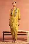 Buy_Soup by Sougat Paul_Yellow Cotton Silk Printed Flower Jacket Tamaya Embroidered Drape Dress With _at_Aza_Fashions