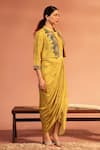 Buy_Soup by Sougat Paul_Yellow Cotton Silk Printed Flower Jacket Tamaya Embroidered Drape Dress With _Online_at_Aza_Fashions