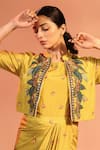 Shop_Soup by Sougat Paul_Yellow Cotton Silk Printed Flower Jacket Tamaya Embroidered Drape Dress With _Online_at_Aza_Fashions