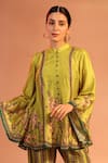 Shop_Soup by Sougat Paul_Yellow Malaysian Silk Embroidery Sequin Tamaya Floral Kalidar Kurta With Pant _Online_at_Aza_Fashions