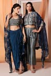 Buy_Soup by Sougat Paul_Blue Cape Organza Embroidery Eraya Floral Print Asymmetric And Draped Skirt Set _Online_at_Aza_Fashions