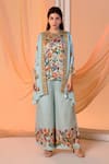 Buy_Soup by Sougat Paul_Blue Satin Organza Print Floral Kurta Aarani Asymmetric Cape And Palazzo Set _at_Aza_Fashions