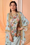 Soup by Sougat Paul_Blue Satin Organza Print Floral Kurta Aarani Asymmetric Cape And Palazzo Set _at_Aza_Fashions