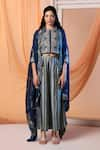 Buy_Soup by Sougat Paul_Blue Top Linen Print Floral Top Closed Eraya Asymmetric Cape And Pant Set _at_Aza_Fashions