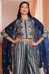 Soup by Sougat Paul_Blue Top Linen Print Floral Top Closed Eraya Asymmetric Cape And Pant Set _at_Aza_Fashions