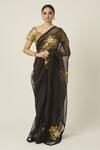 Buy_Peeli Dori_Black Silk Organza Hand Embroidered Golden Thread Aradhana Saree With Blouse _at_Aza_Fashions