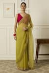 Buy_Peeli Dori_Green Silk Organza Hand Embroidered Thread V-neck Ruqsat Saree With Blouse _at_Aza_Fashions