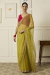 Peeli Dori_Green Silk Organza Hand Embroidered Thread V-neck Ruqsat Saree With Blouse _Online_at_Aza_Fashions