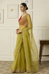 Buy_Peeli Dori_Green Silk Organza Hand Embroidered Thread V-neck Ruqsat Saree With Blouse _Online_at_Aza_Fashions