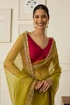 Peeli Dori_Green Silk Organza Hand Embroidered Thread V-neck Ruqsat Saree With Blouse _at_Aza_Fashions