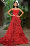 Mireya Sanya_Red Net Plain Semicircle Off-shoulder Cutout Pattern Gown _Online_at_Aza_Fashions