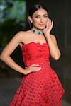 Shop_Mireya Sanya_Red Net Plain Semicircle Off-shoulder Cutout Pattern Gown _at_Aza_Fashions