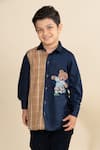 Shop_LITTLE BOYS CLOSET_Blue Cotton Satin Embroidery Big Teddy Football Colorblock Shirt _at_Aza_Fashions