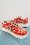 Shop_Rajasthani Stuff_Red Zardozi Monochrome Peacock Embroidered Sneakers _at_Aza_Fashions