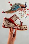 Shop_Rajasthani Stuff_Red Zardozi Roshana Embroidered Wedges _at_Aza_Fashions