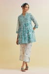 Buy_Upavita_Blue Kurta Cotton Chanderi Embroidered Floral Print Short Angrakha With Pant _at_Aza_Fashions