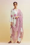 Buy_Upavita_Off White Cotton Block Print Carnations Notched Asymmetric Kurta Pant Set _at_Aza_Fashions