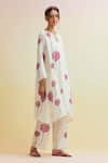 Shop_Upavita_Off White Cotton Block Print Carnations Notched Asymmetric Kurta Pant Set _Online_at_Aza_Fashions