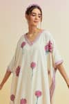 Upavita_Off White Cotton Block Print Carnations V-neck Asymmetric Kaftan With Pant _at_Aza_Fashions