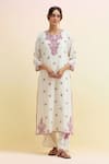 Shop_Upavita_Off White Cotton Embroidered Thread Round Kurta Pant Set _Online_at_Aza_Fashions