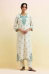 Shop_Upavita_Off White Cotton Embroidered Thread Round Floral Kurta Pant Set _Online_at_Aza_Fashions