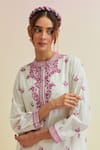 Buy_Upavita_Off White Cotton Embroidered Thread Mandarin Collar Floral Kurta With Pant _Online_at_Aza_Fashions