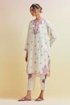 Shop_Upavita_Off White Cotton Embroidered Thread Mandarin Collar Floral Kurta With Pant _Online_at_Aza_Fashions