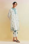 Shop_Upavita_Off White Cotton Embroidered Thread Mandarin Collar Floral Vine Kurta With Pant _Online_at_Aza_Fashions