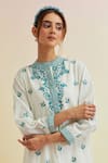 Upavita_Off White Cotton Embroidered Thread Mandarin Collar Floral Vine Kurta With Pant _at_Aza_Fashions