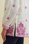 Upavita_Off White Cotton Embroidered Thread Mandarin Collar Floral Short Kurta _Online_at_Aza_Fashions