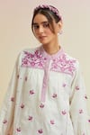 Buy_Upavita_Off White Cotton Embroidered Thread Mandarin Collar Floral Short Kurta _Online_at_Aza_Fashions