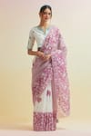 Buy_Upavita_Pink Blouse Cotton Embroidered Thread Floral Vine Block Print Saree With _at_Aza_Fashions