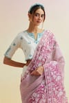 Buy_Upavita_Pink Blouse Cotton Embroidered Thread Floral Vine Block Print Saree With _Online_at_Aza_Fashions