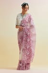 Shop_Upavita_Pink Blouse Cotton Embroidered Thread Floral Vine Block Print Saree With _Online_at_Aza_Fashions