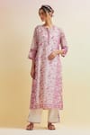 Upavita_Pink Kurta And Dupatta Cotton Chanderi Print Floral Round Hand Block & Pant Set _Online_at_Aza_Fashions