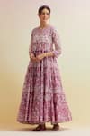 Buy_Upavita_Pink Kurta And Dupatta Cotton Chanderi Print Hand Block Tiered & Pant Set _Online_at_Aza_Fashions