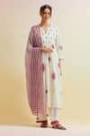 Shop_Upavita_Off White Cotton Print Carnation Flower Notched Gathered Kurta And Pant Set _Online_at_Aza_Fashions