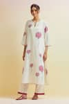 Buy_Upavita_Off White Cotton Print Carnation Flower Notched Straight Kurta And Pant Set _Online_at_Aza_Fashions