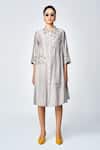 Buy_Shahin Mannan_Grey Silk, Chanderi, Chiffon Embroidery Collared Leaf Shirt Dress _at_Aza_Fashions