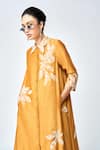 Shahin Mannan_Yellow Silk, Chanderi, Chiffon Embroidery Collared Leaf Midi Dress _at_Aza_Fashions