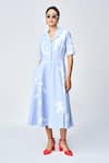 Buy_Shahin Mannan_Blue Crepe Embroidery Collared Thread Leaf Midi Dress _at_Aza_Fashions