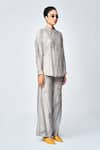 Buy_Shahin Mannan_Grey Silk, Chanderi Beads, Embroidery Leaves Asymmetric Shirt With Pant _Online_at_Aza_Fashions