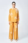 Buy_Shahin Mannan_Yellow Silk Chanderi Hand Embroidered Thread Leaf Asymmetric Shirt With Pant _Online_at_Aza_Fashions