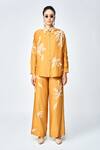 Buy_Shahin Mannan_Yellow Silk, Chanderi, Chiffon Embroidery Leaf Flared Pant _Online_at_Aza_Fashions