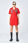 Buy_Shahin Mannan_Red Poplin Beads, Embroidery Collared Fish Shirt Dress _at_Aza_Fashions