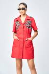 Shop_Shahin Mannan_Red Poplin Beads, Embroidery Collared Fish Shirt Dress _Online_at_Aza_Fashions