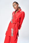Shahin Mannan_Red Cotton, Poplin Beads, Embroidery Collared Pineapple Shirt With Pant _at_Aza_Fashions