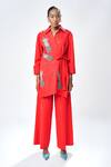 Shahin Mannan_Red Poplin Embroidery, Beads Collared Pineapple Shirt _Online_at_Aza_Fashions