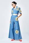 Buy_Shahin Mannan_Blue Denim Embroidery Collared Daisy Cropped Jacket Top With Pant _at_Aza_Fashions