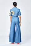 Shop_Shahin Mannan_Blue Denim Embroidery Collared Daisy Cropped Jacket Top With Pant _at_Aza_Fashions